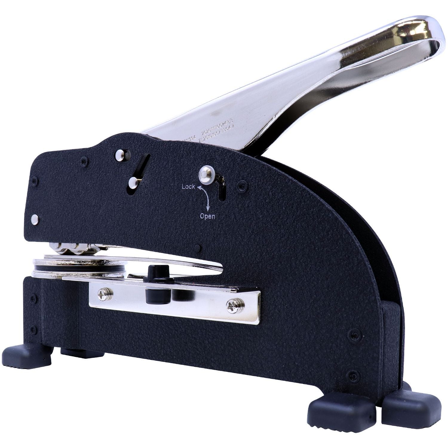 Professional Engineer Extended Long Reach Desk Seal Embosser in black with a silver handle, shown from the side and back view, featuring a lock mechanism and sturdy base with rubber feet.