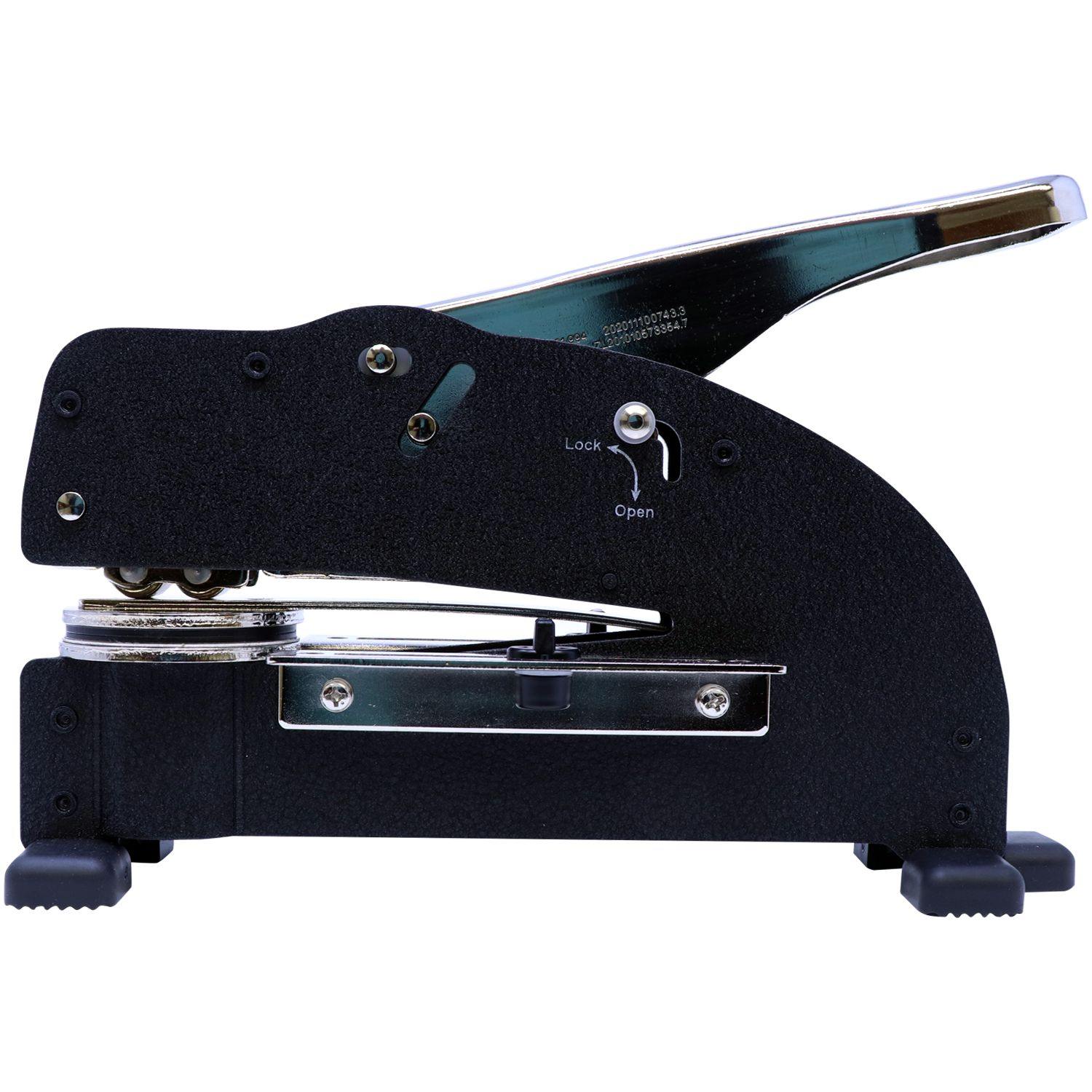 Public Weighmaster Extended Long Reach Desk Seal Embosser in black, side view showing the lever, lock, and open mechanism.