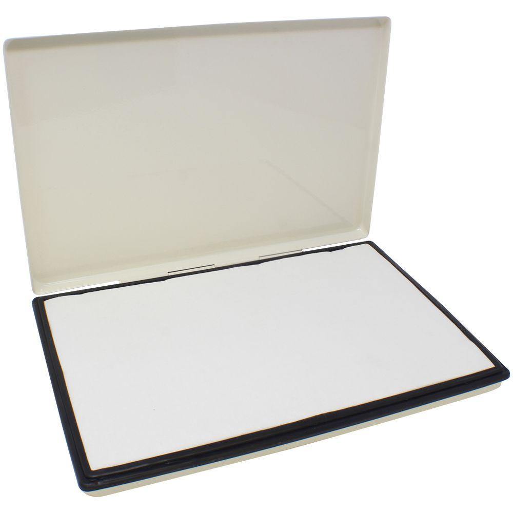 Industrial Rubber Stamp Pad-12 (Size: 6 x 12) with an open lid, showing a large white inking surface inside a beige plastic case.