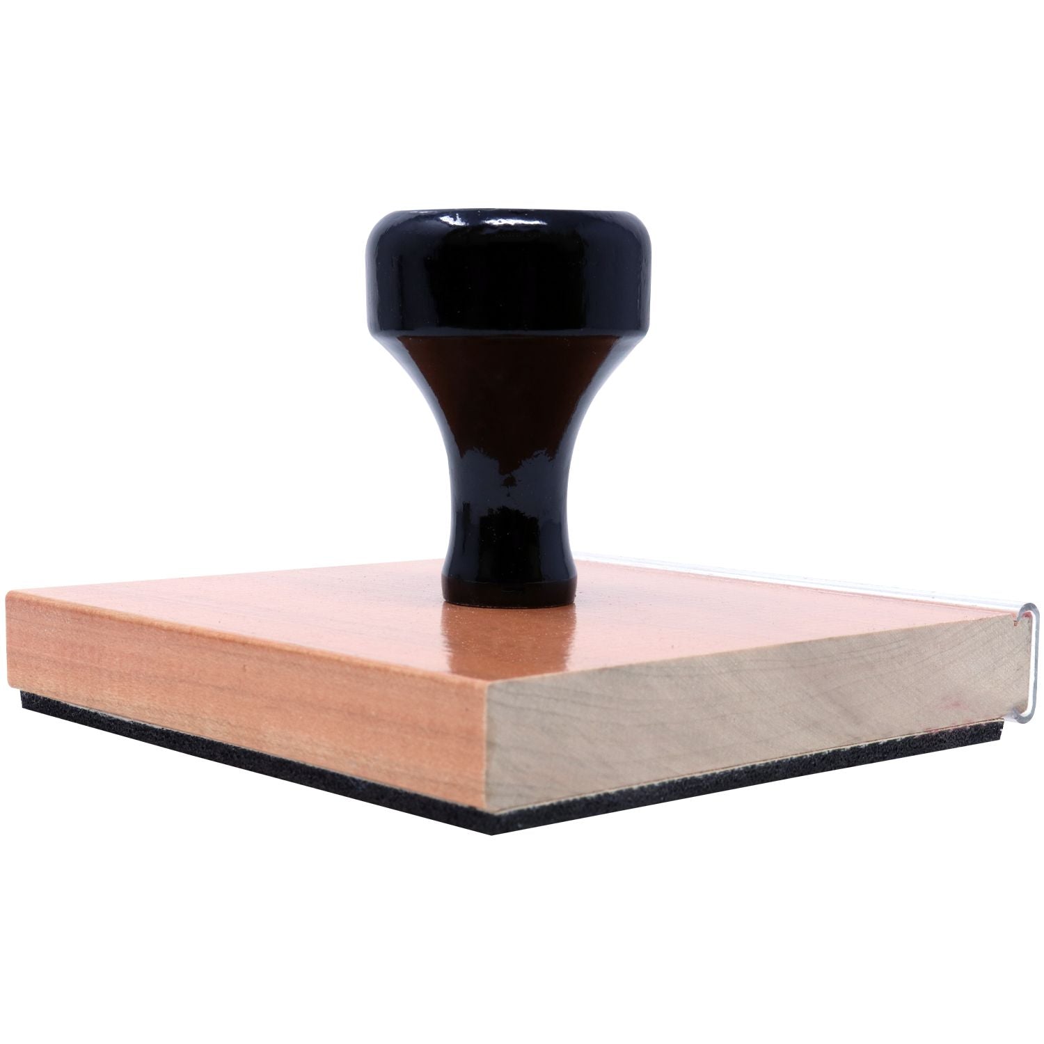 Custom Rubber Stamp Size 4 x 4 with a wooden base and black handle, side view showing the flat mount and knob.