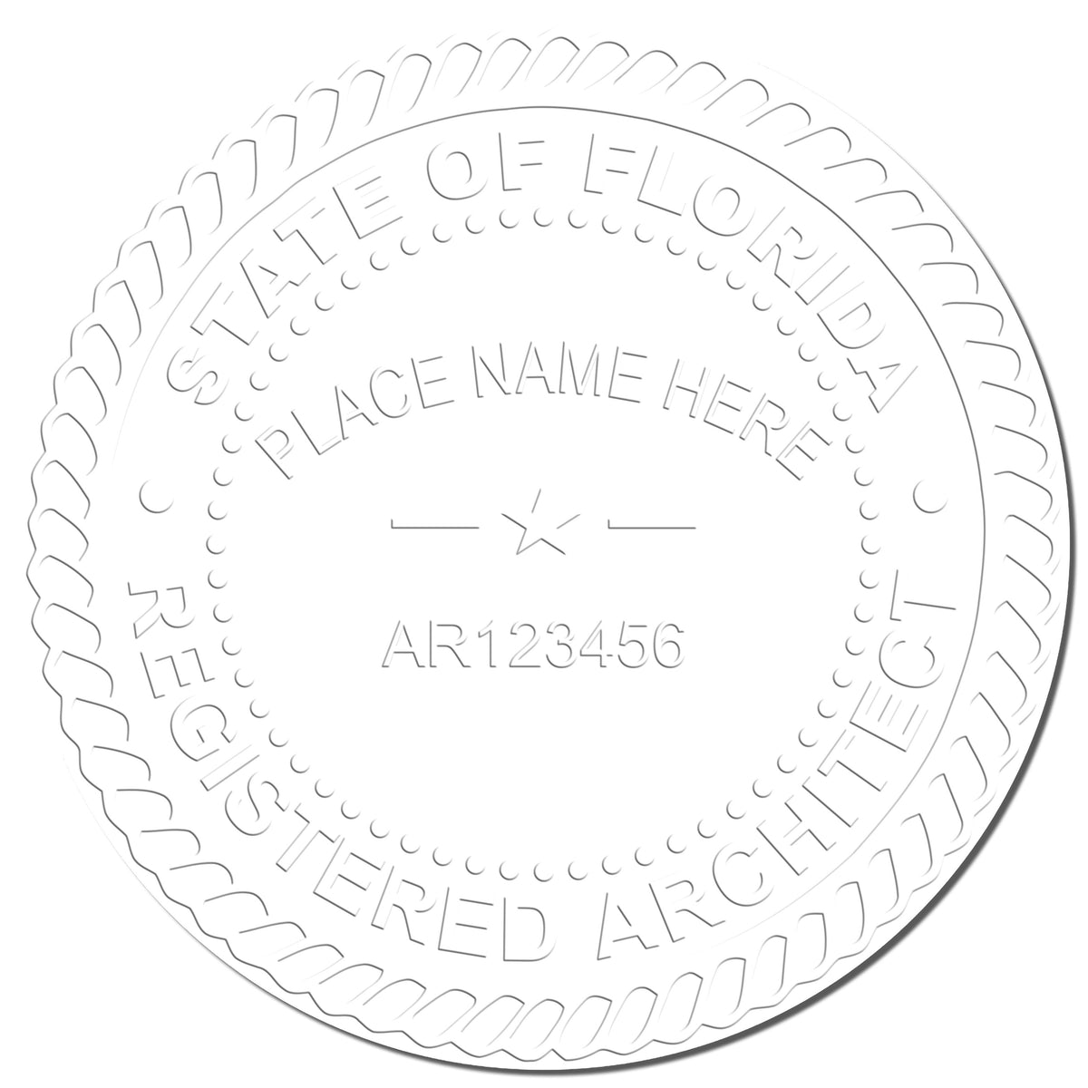 A photograph of the Handheld Florida Architect Seal Embosser stamp impression reveals a vivid, professional image of the on paper.