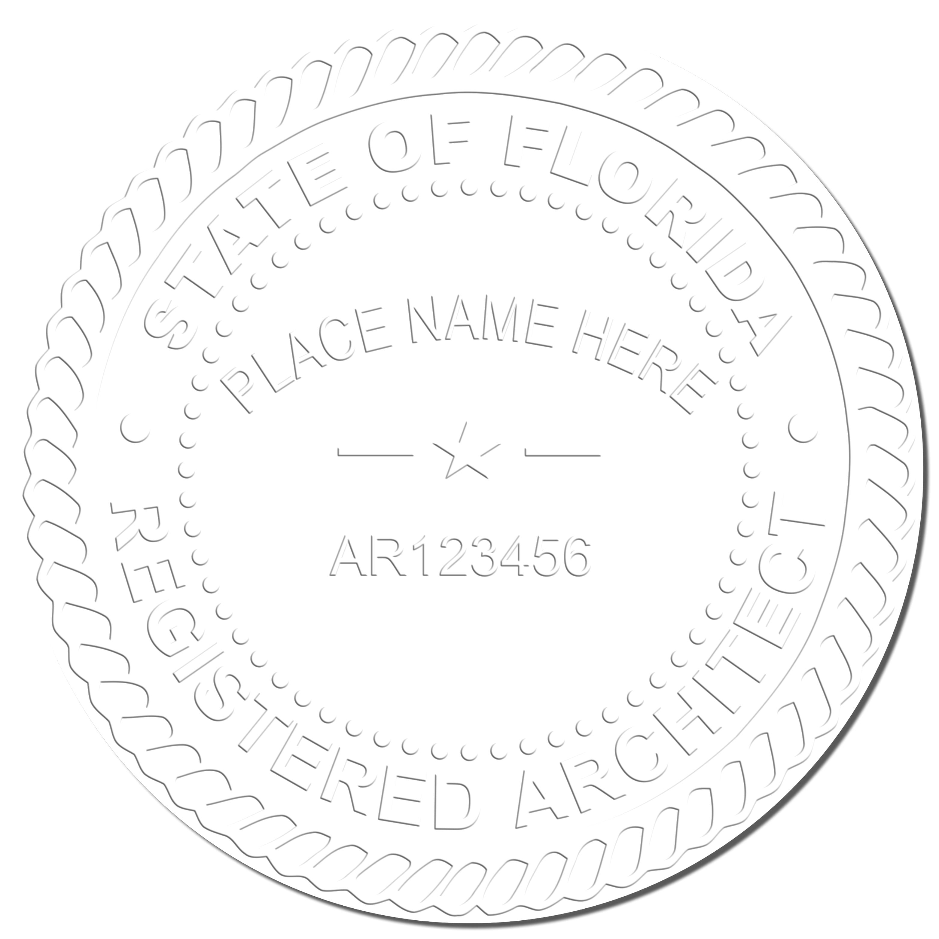 A photograph of the Extended Long Reach Florida Architect Seal Embosser stamp impression reveals a vivid, professional image of the on paper.