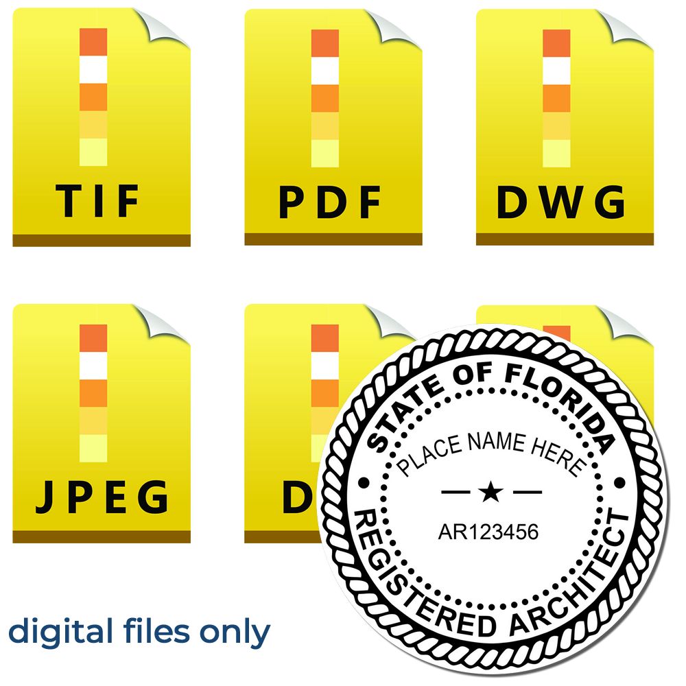 Digital Florida Architect Stamp, Electronic Seal for Florida Architect, shown with file format icons: TIF, PDF, DWG, JPEG, DWF.