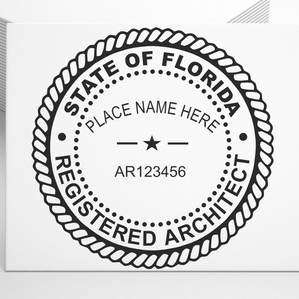 Slim Pre-Inked Florida Architect Seal Stamp in use photo showing a stamped imprint of the Slim Pre-Inked Florida Architect Seal Stamp