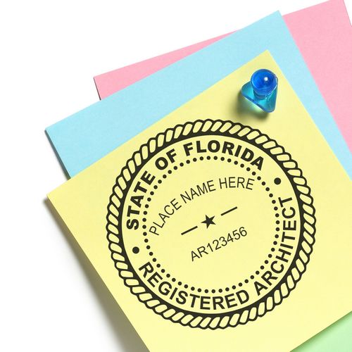 Florida Architect Seal Stamp on colorful sticky notes with a blue pushpin.