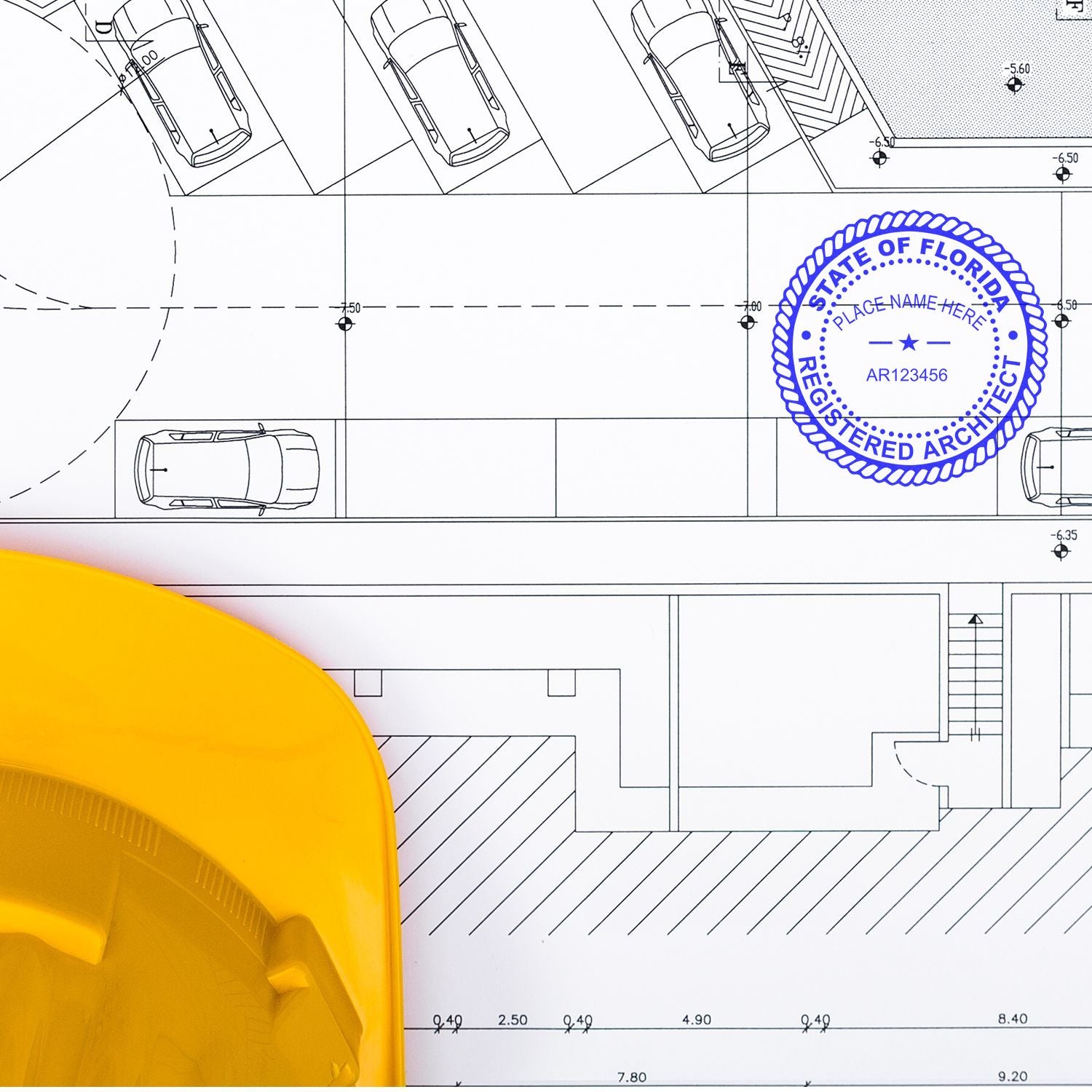 Digital Florida Architect Stamp, Electronic Seal for Florida Architect, displayed on architectural blueprints with a yellow hard hat nearby.