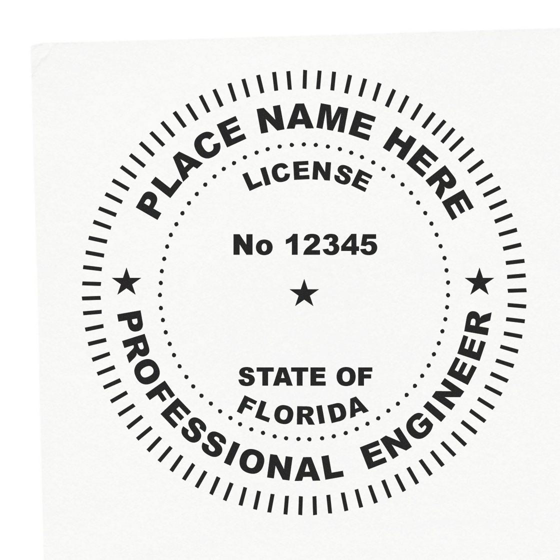 A lifestyle photo showing a stamped image of the Florida Professional Engineer Seal Stamp on a piece of paper