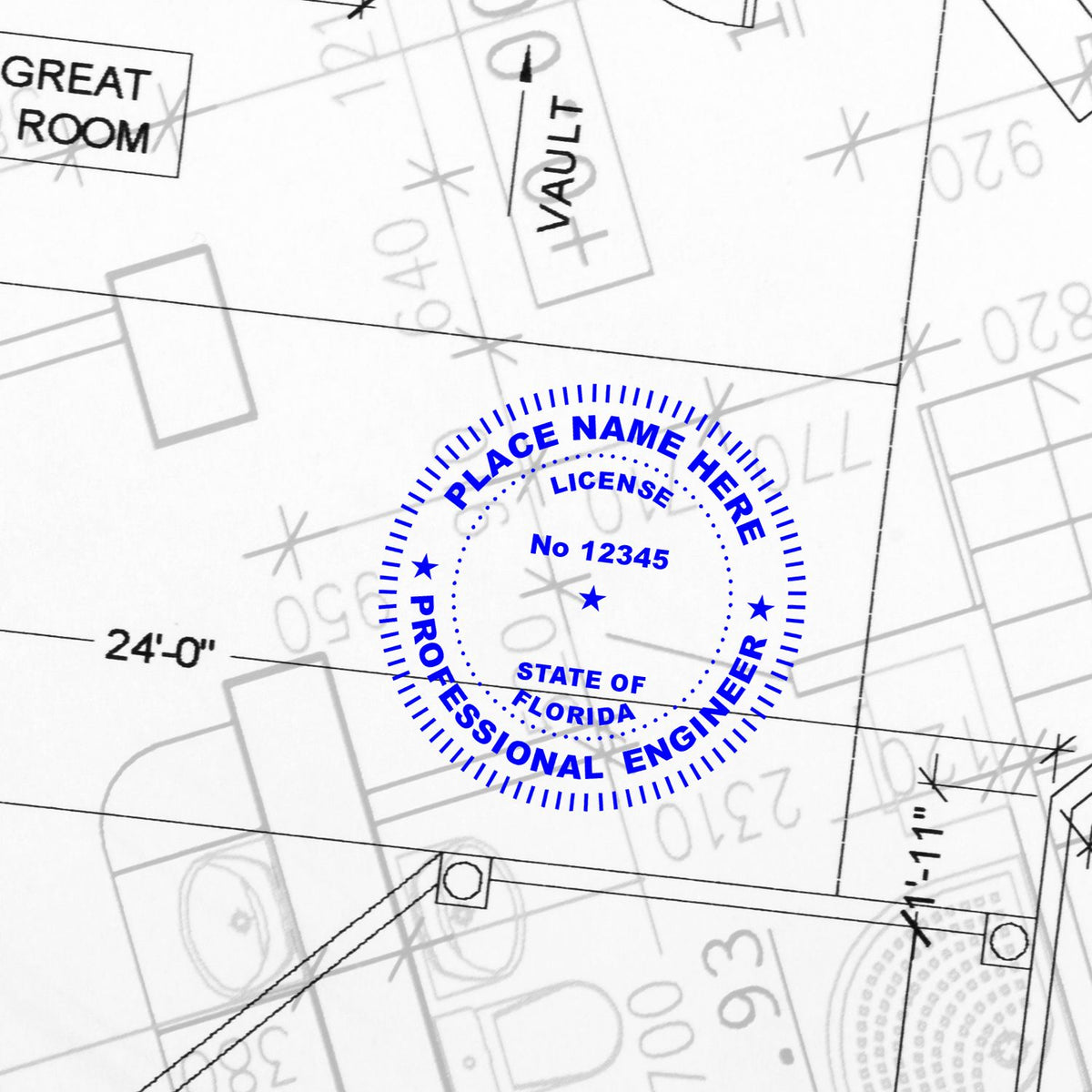 An alternative view of the Premium MaxLight Pre-Inked Florida Engineering Stamp stamped on a sheet of paper showing the image in use