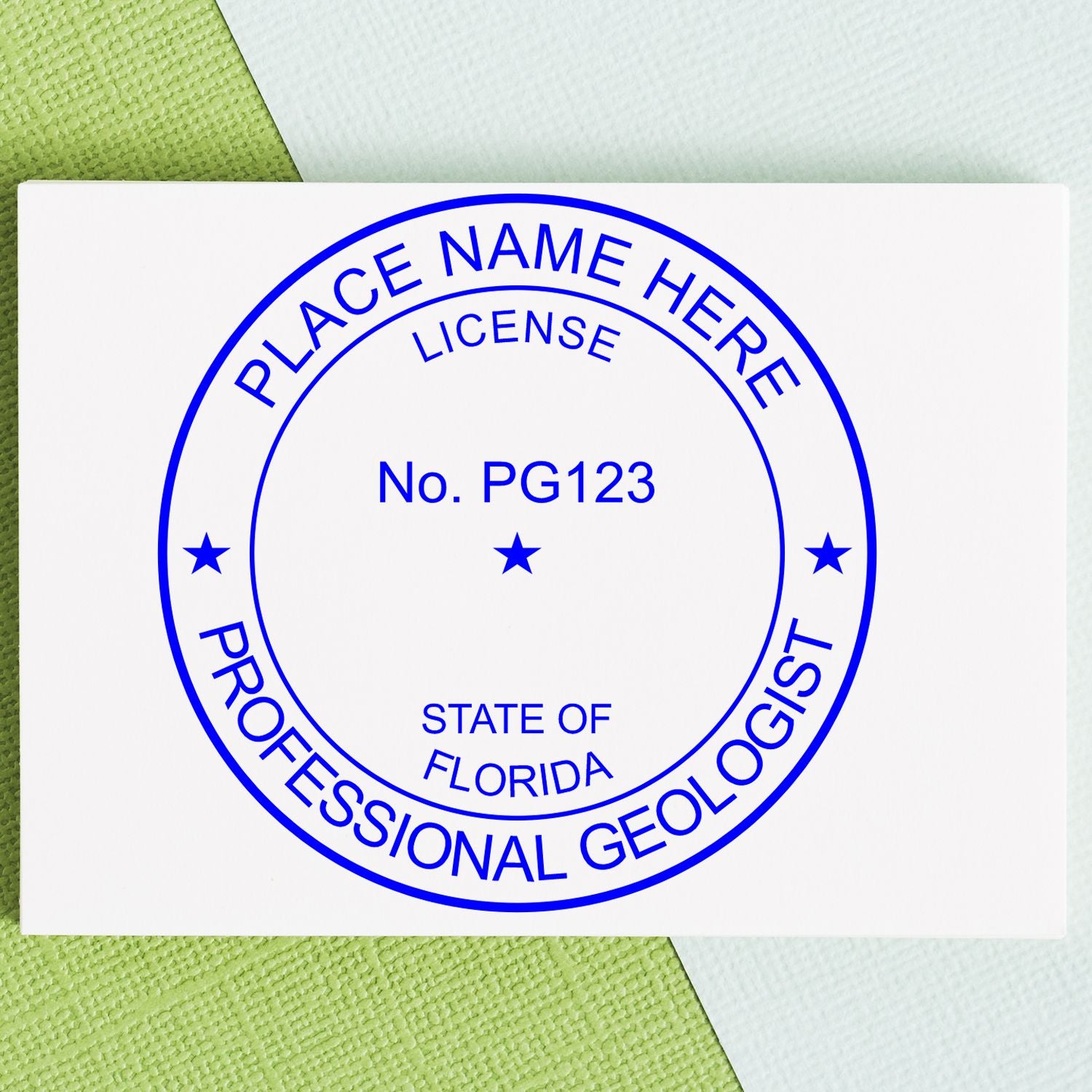 The Slim Pre-Inked Florida Professional Geologist Seal Stamp impression comes to life with a crisp, detailed image stamped on paper - showcasing true professional quality.