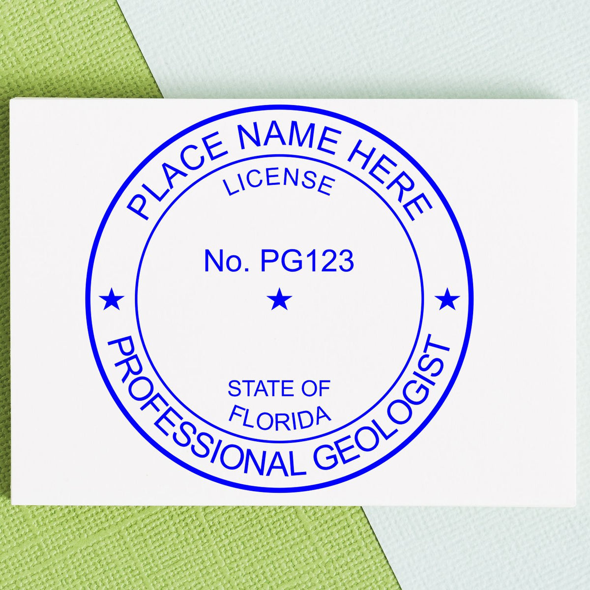 The Slim Pre-Inked Florida Professional Geologist Seal Stamp  impression comes to life with a crisp, detailed image stamped on paper - showcasing true professional quality.