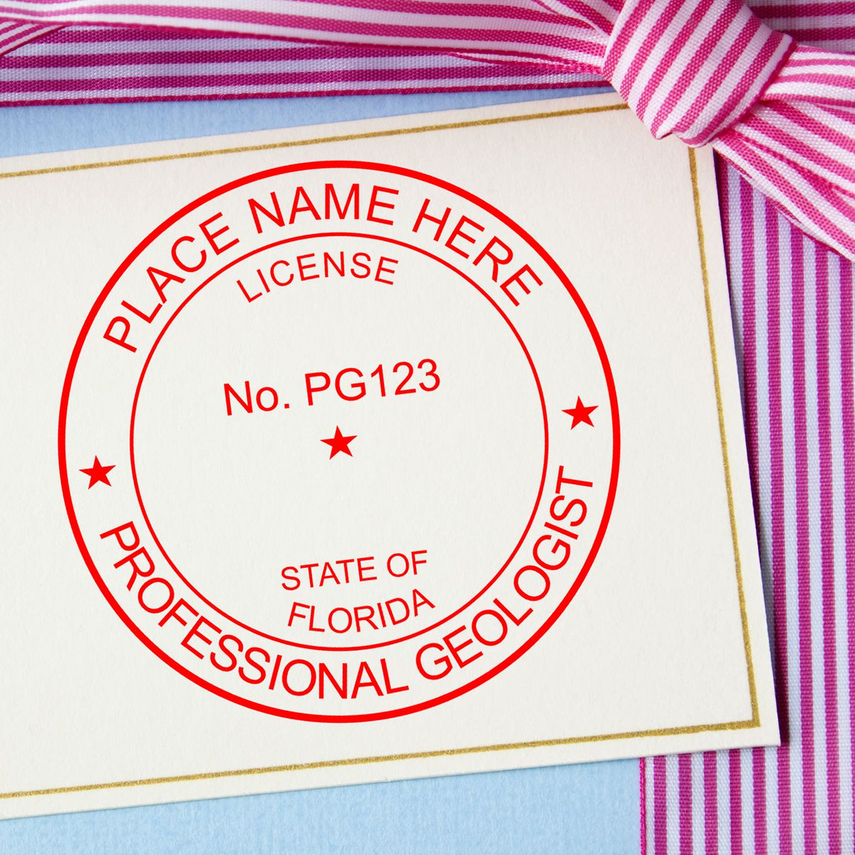 A lifestyle photo showing a stamped image of the Florida Professional Geologist Seal Stamp on a piece of paper