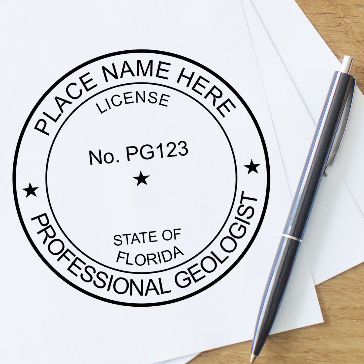 A lifestyle photo showing a stamped image of the Slim Pre-Inked Florida Professional Geologist Seal Stamp on a piece of paper