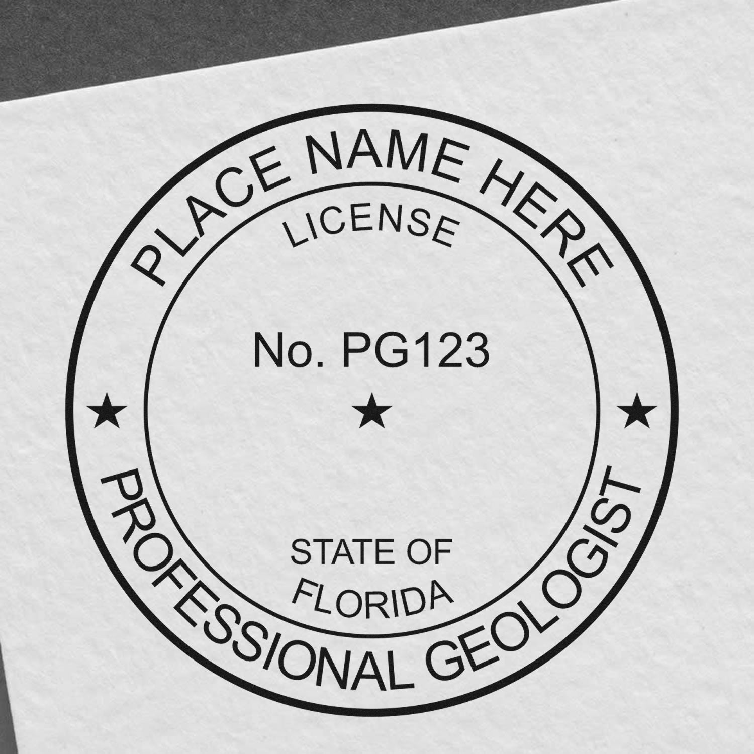 A photograph of the Slim Pre-Inked Florida Professional Geologist Seal Stamp impression reveals a vivid, professional image of the on paper.