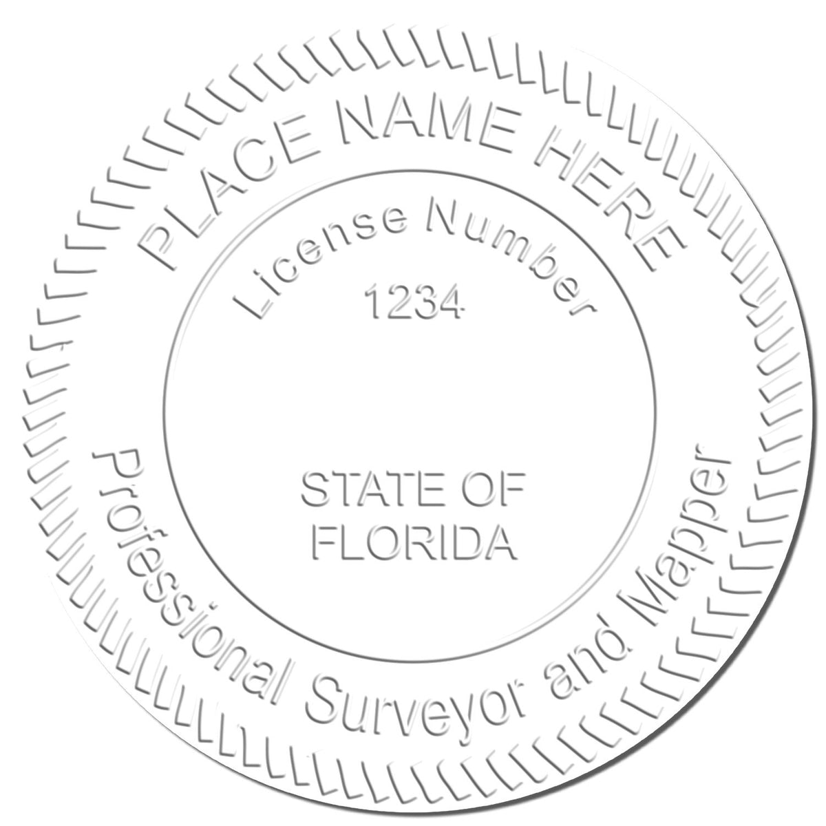 This paper is stamped with a sample imprint of the Extended Long Reach Florida Surveyor Embosser, signifying its quality and reliability.