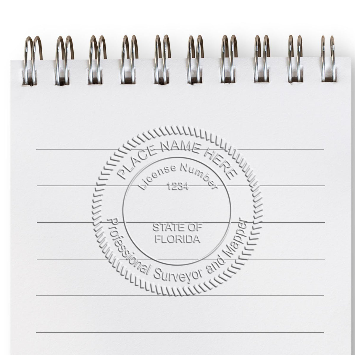 Another Example of a stamped impression of the State of Florida Soft Land Surveyor Embossing Seal on a piece of office paper.
