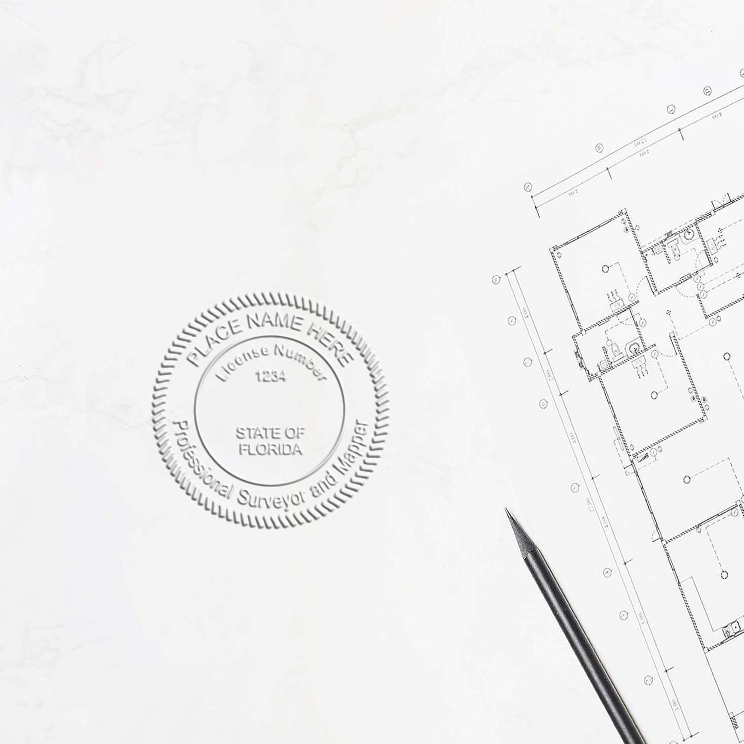 Another Example of a stamped impression of the Handheld Florida Land Surveyor Seal on a piece of office paper.