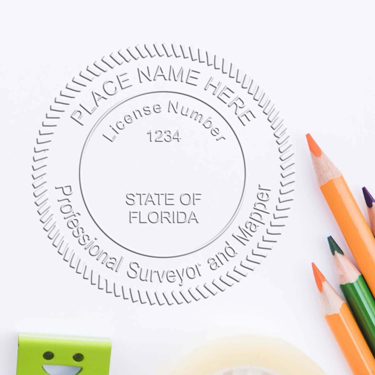 A lifestyle photo showing a stamped image of the State of Florida Soft Land Surveyor Embossing Seal on a piece of paper