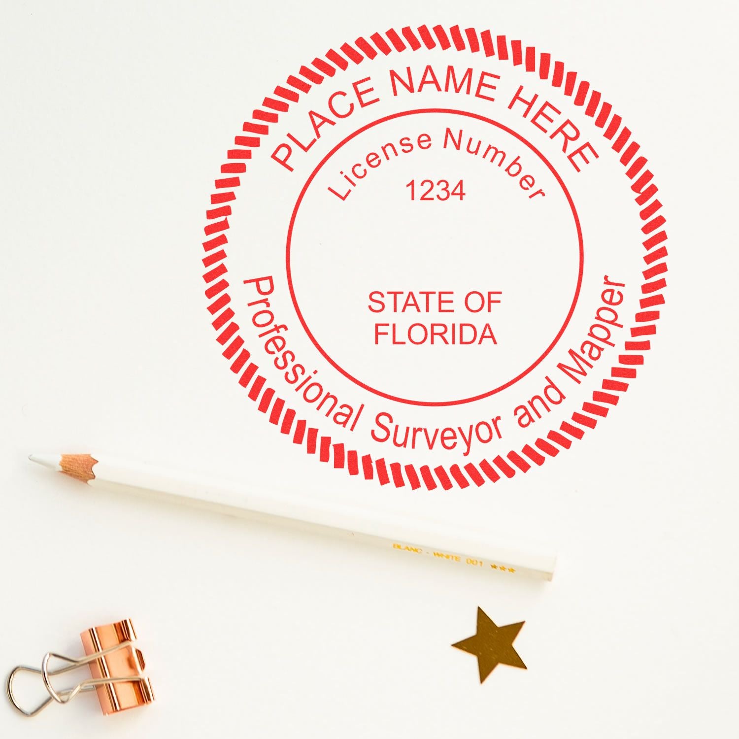 Digital Florida Land Surveyor Stamp, Electronic Seal for Florida Land Surveyor, shown with a pencil, gold star, and paper clip on a white background.