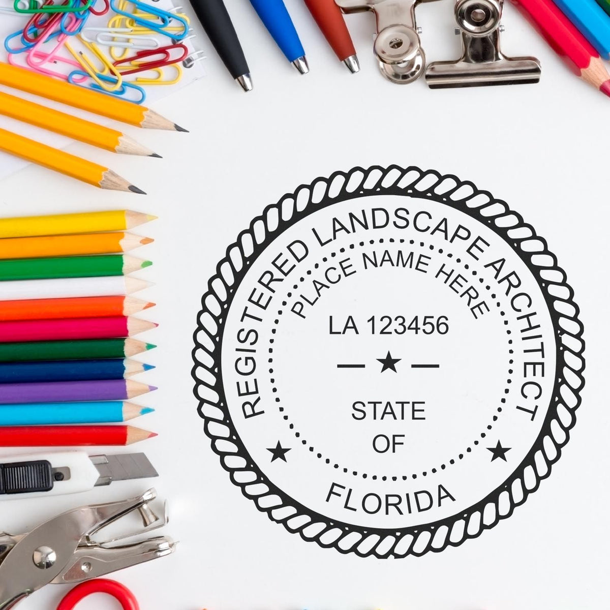 A lifestyle photo showing a stamped image of the Digital Florida Landscape Architect Stamp on a piece of paper