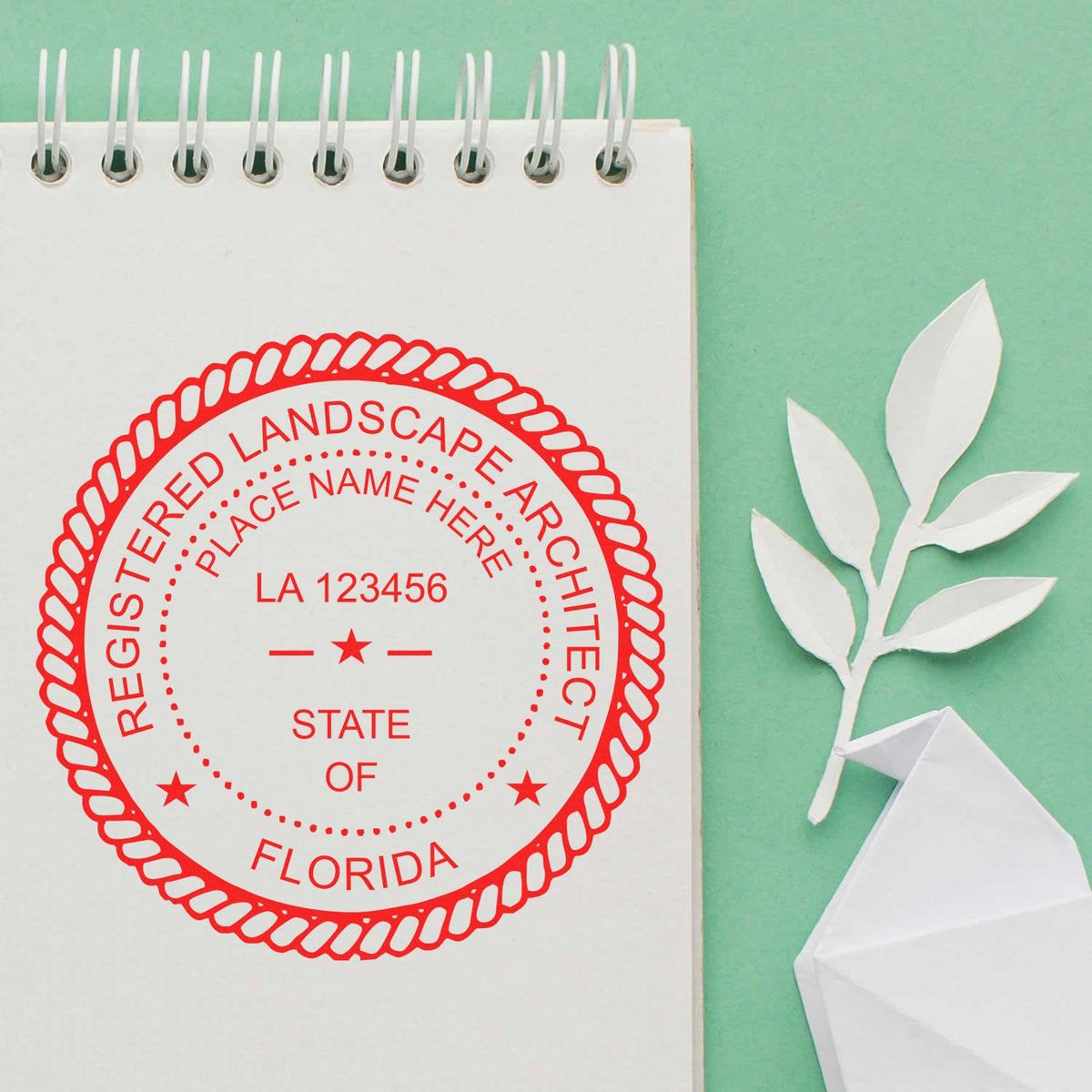 A photograph of the Digital Florida Landscape Architect Stamp stamp impression reveals a vivid, professional image of the on paper.