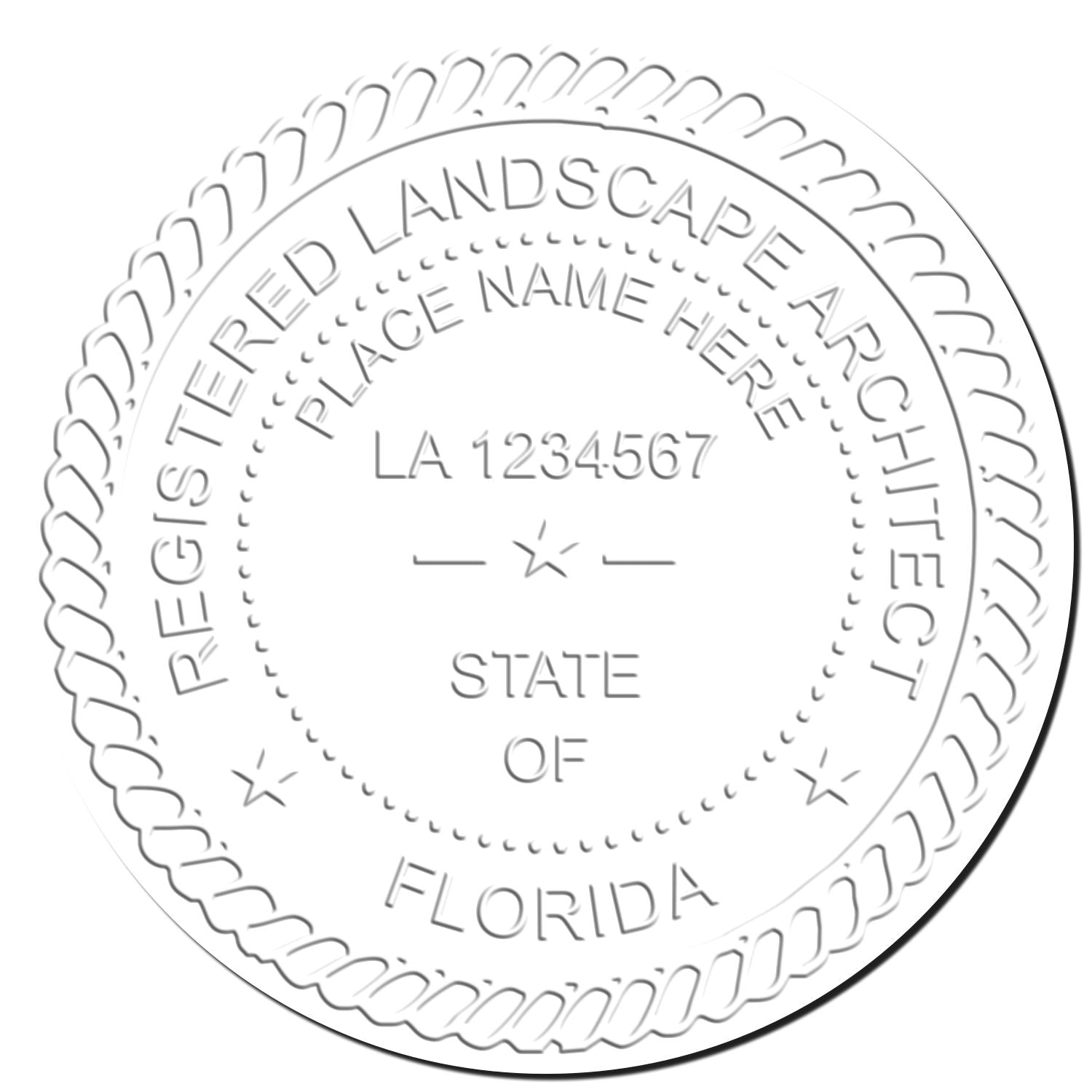 This paper is stamped with a sample imprint of the Florida Desk Landscape Architectural Seal Embosser, signifying its quality and reliability.