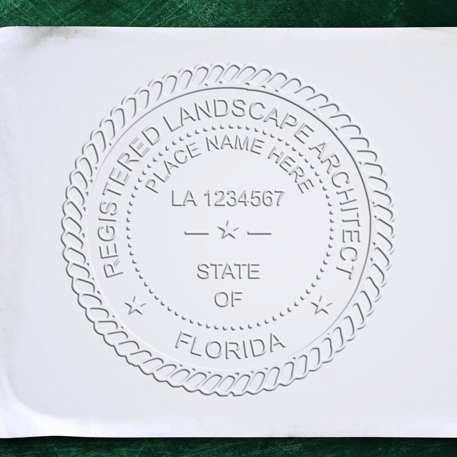 A photograph of the State of Florida Handheld Landscape Architect Seal stamp impression reveals a vivid, professional image of the on paper.