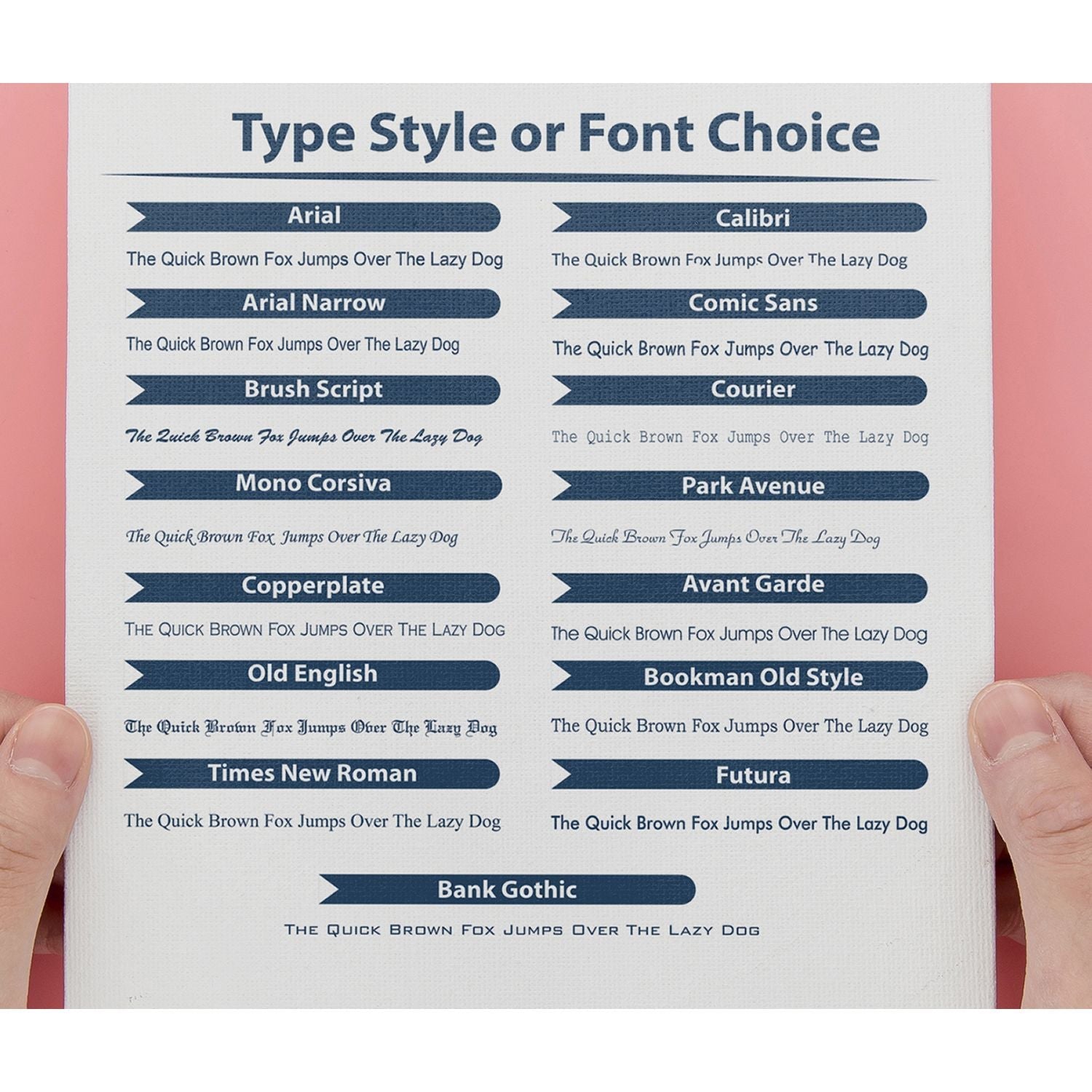 Custom Rubber Stamp Size 5 x 7 with various font choices displayed on a white sheet, including Arial, Calibri, Comic Sans, and more.