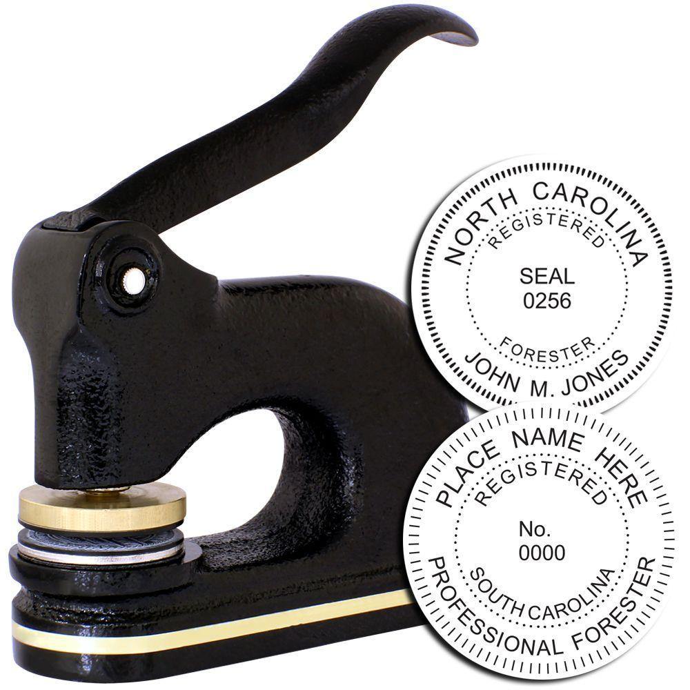 Forester Cast Iron Desk Seal Embosser in black with a gold accent, shown with two embossed seal examples for North Carolina and South Carolina.