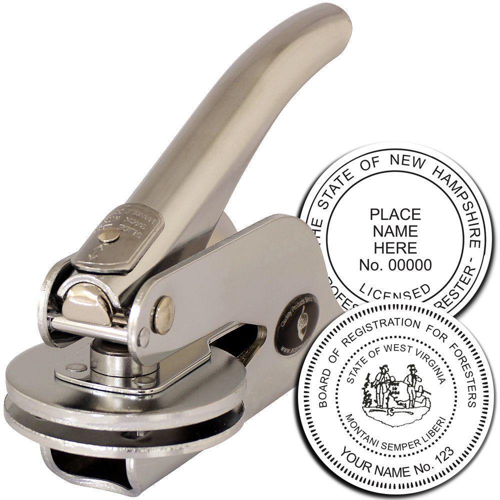 Forester Handheld Seal Embosser with a metallic handle, shown with two sample embossed seals from New Hampshire and West Virginia.