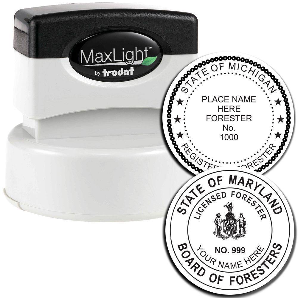 Forester MaxLight Pre Inked Rubber Stamp of Seal with customizable text options for state, name, and registration number.