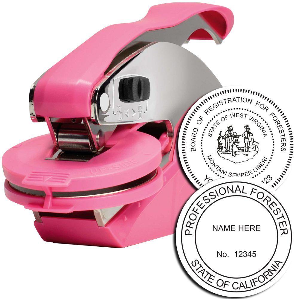 Forester Pink Hybrid Handheld Embosser with a pink handle and metal components, shown with sample embossed seals for professional foresters.