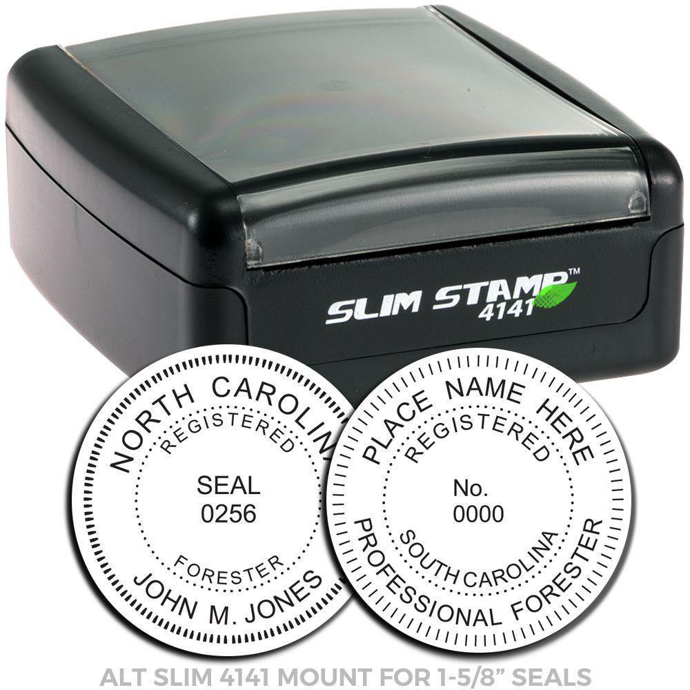 Forester Slim Pre-Inked Rubber Stamp of Seal, black rectangular case with two sample seal impressions for North Carolina and South Carolina.