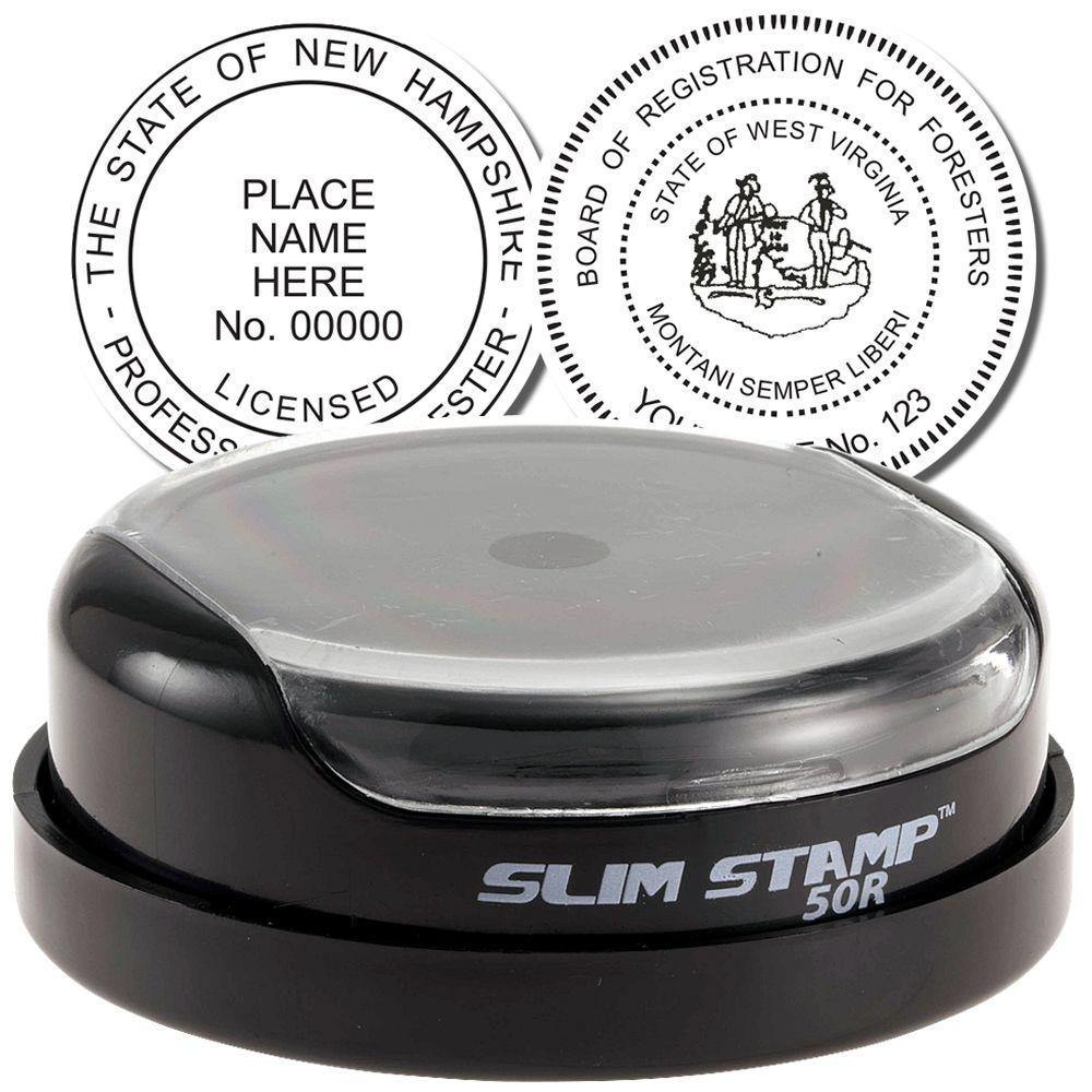 Forester Slim Pre-Inked Rubber Stamp of Seal with a round design, customizable text, and compact black casing for professional use.