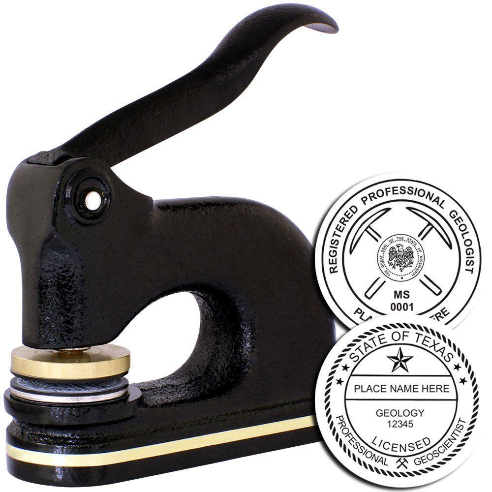 Black Geologist Cast Iron Desk Seal Embosser with a brass accent, shown with two sample embossed seals for professional geologists.