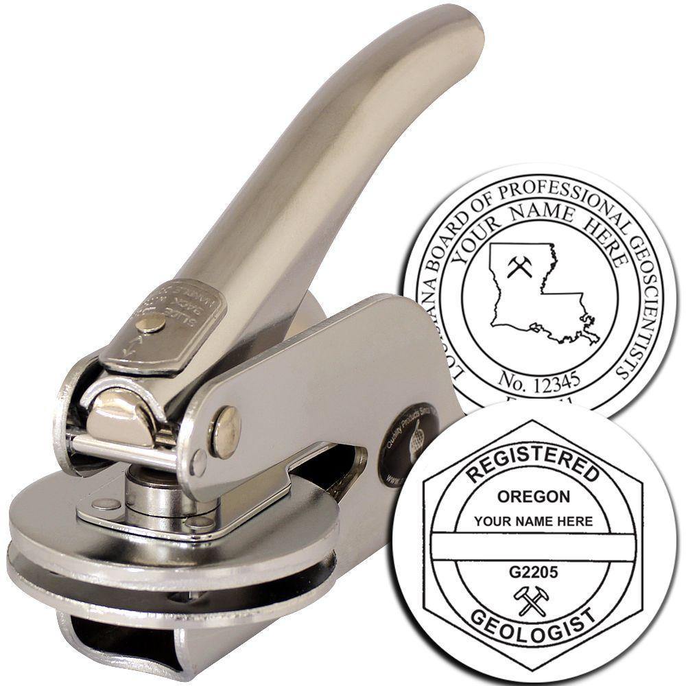 Geologist Handheld Seal Embosser with a metal handle and two sample embossed seals, one for professional geoscientists and one for registered geologists.