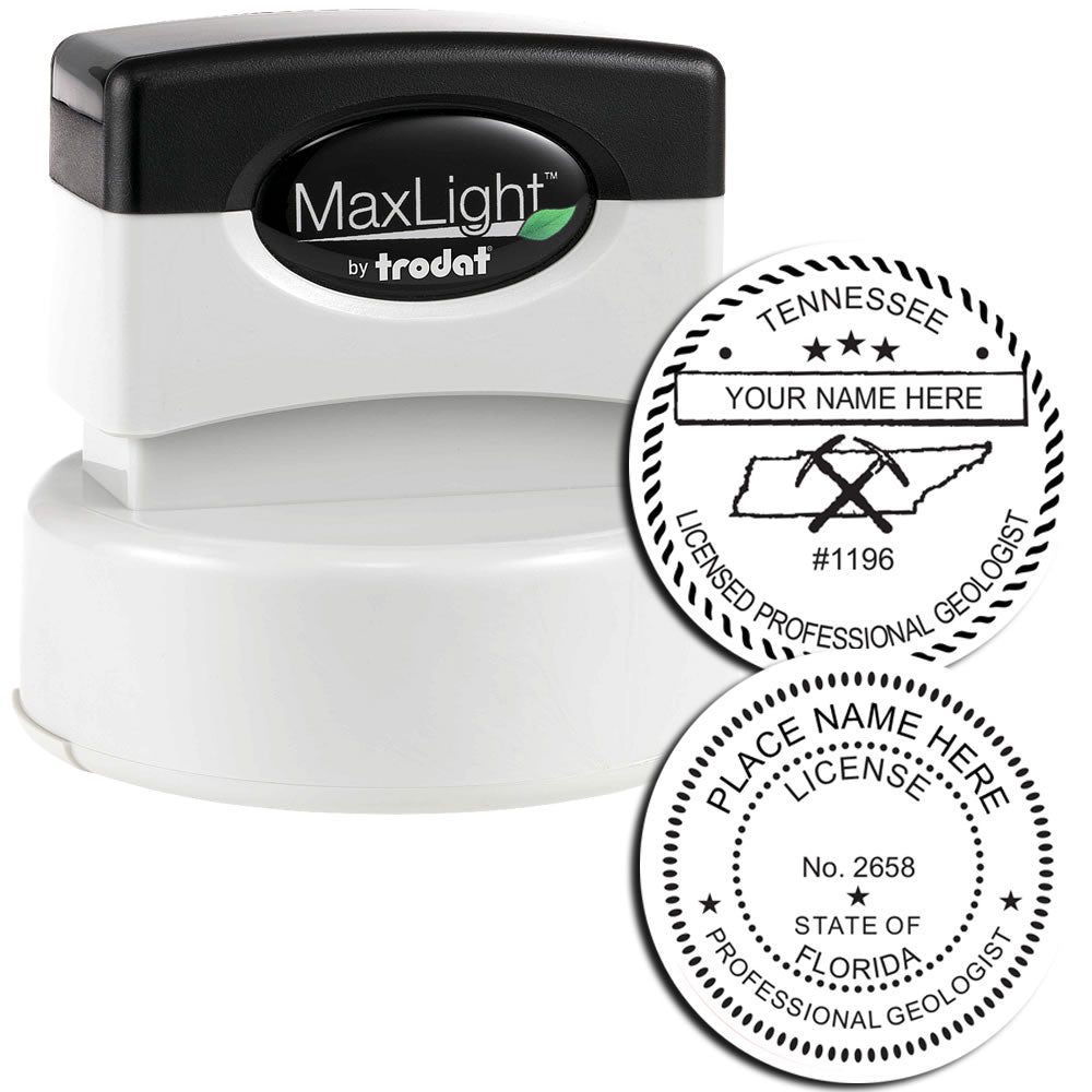 Geologist MaxLight Pre Inked Rubber Stamp of Seal, featuring customizable professional seals for Tennessee and Florida geologists.