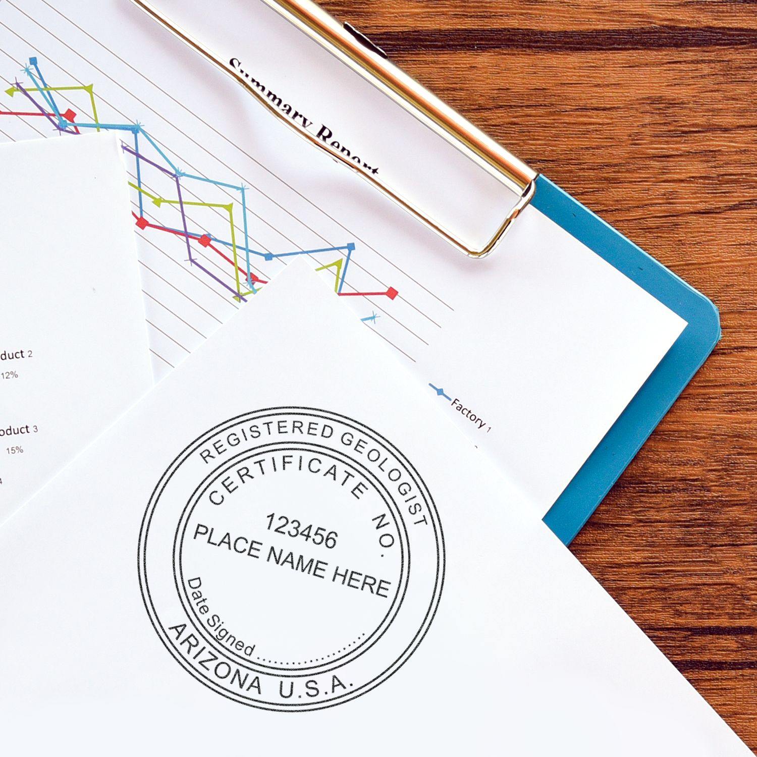 Geologist Self Inking Rubber Stamp of Seal used on a document, with a clipboard and a graph report in the background.