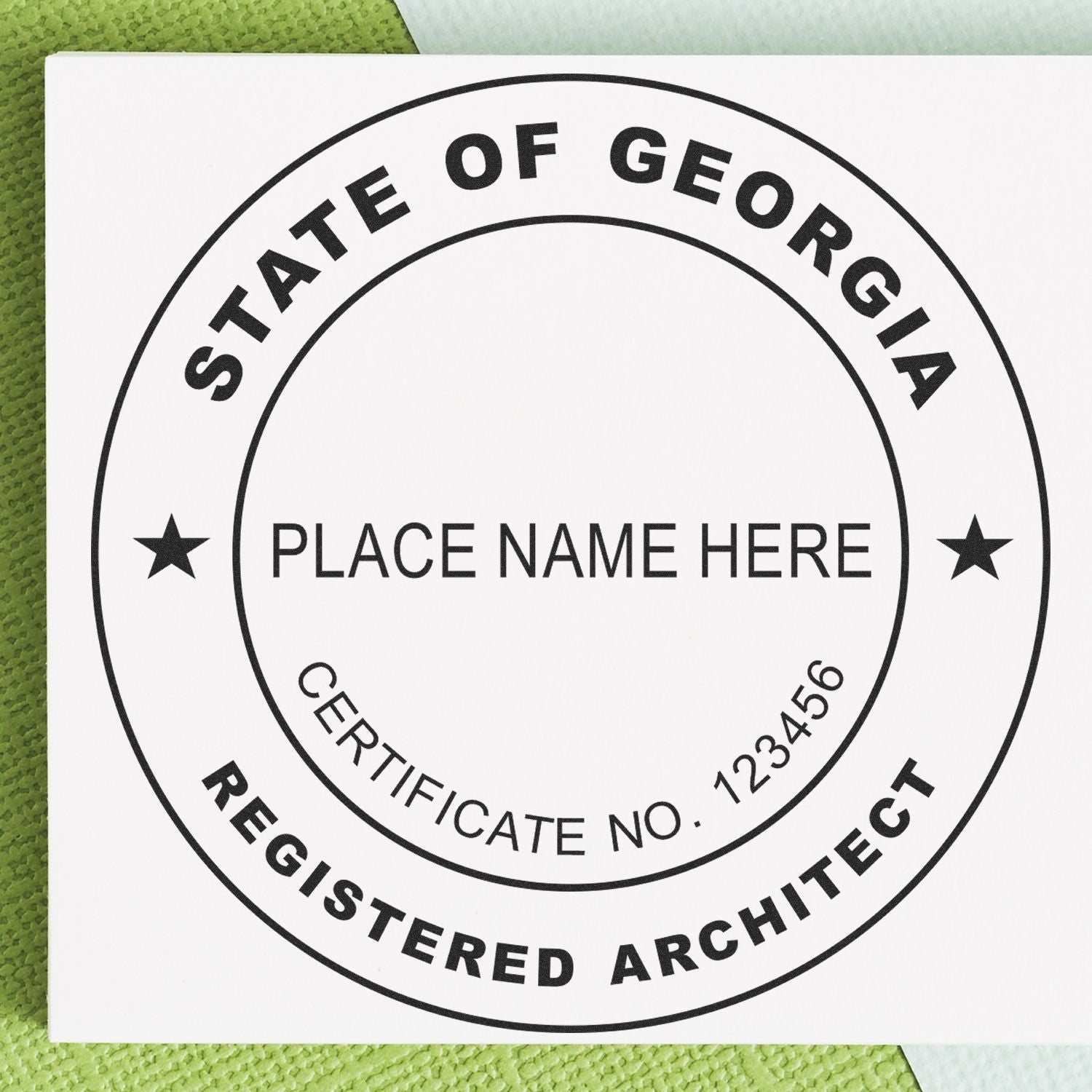 Digital Georgia Architect Stamp, Electronic Seal for Georgia Architect, customizable with name and certificate number, displayed on white background.