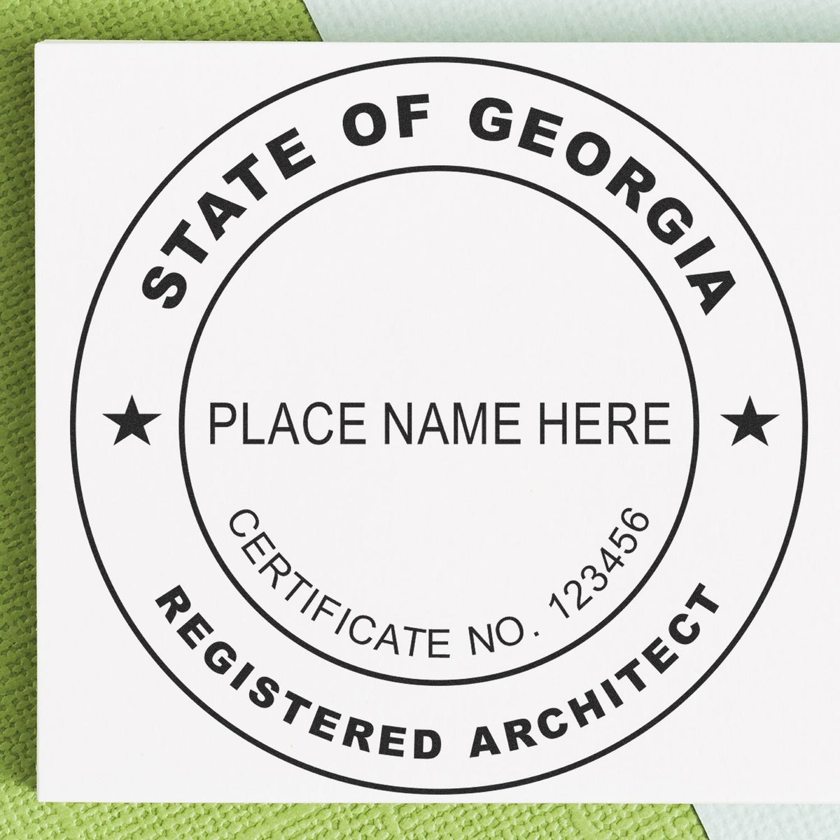 Slim Pre-Inked Georgia Architect Seal Stamp in use photo showing a stamped imprint of the Slim Pre-Inked Georgia Architect Seal Stamp