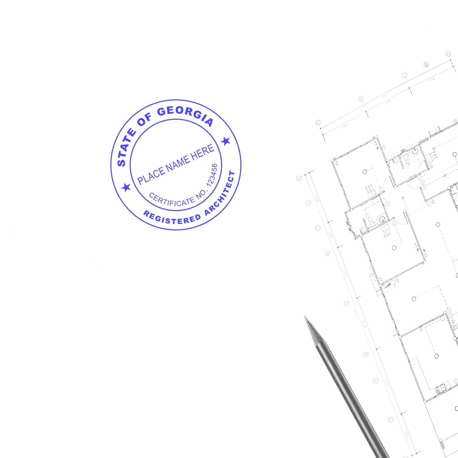 Digital Georgia Architect Stamp, Electronic Seal for Georgia Architect, displayed on architectural plans with a pen nearby.