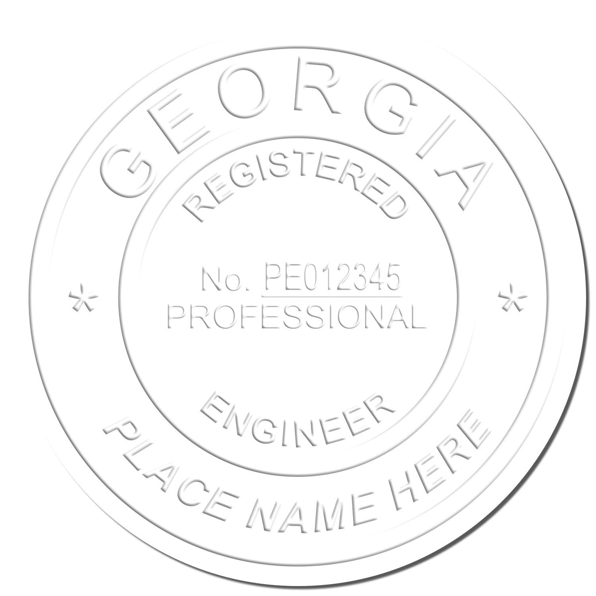 A photograph of the Handheld Georgia Professional Engineer Embosser stamp impression reveals a vivid, professional image of the on paper.