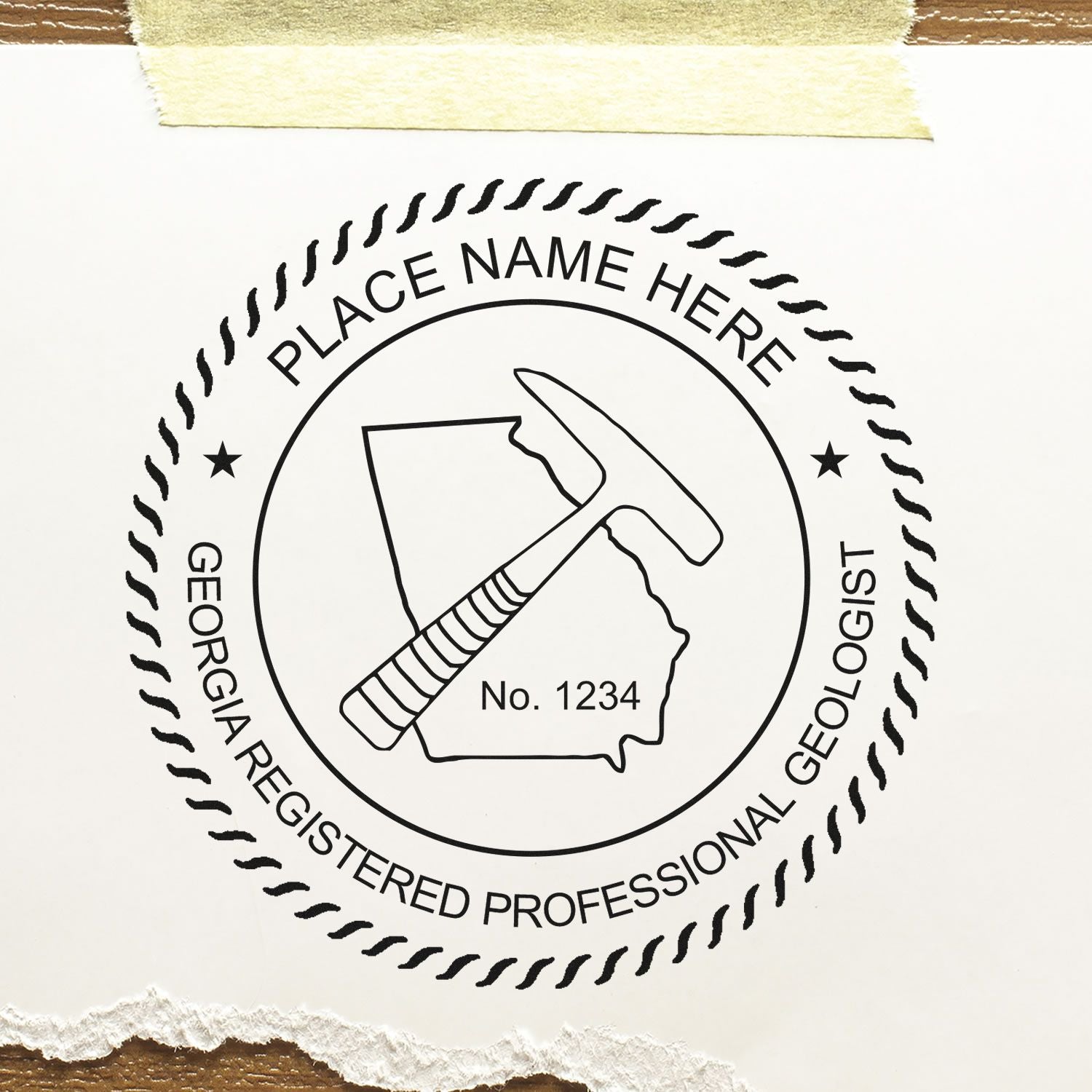 A photograph of the Slim Pre-Inked Georgia Professional Geologist Seal Stamp impression reveals a vivid, professional image of the on paper.