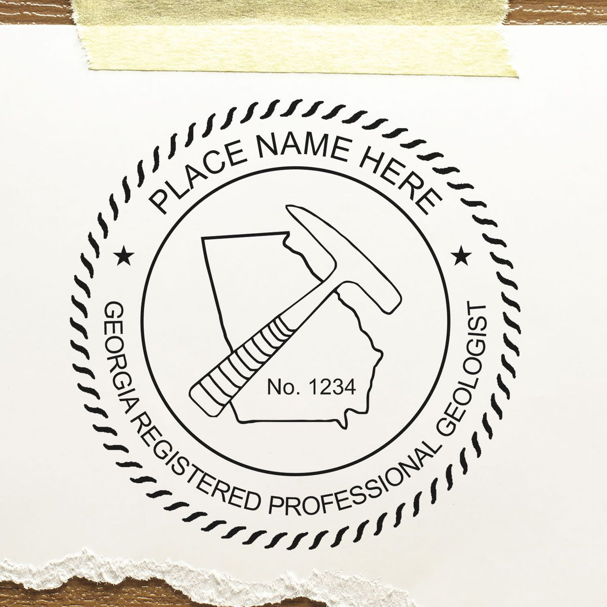 A photograph of the Slim Pre-Inked Georgia Professional Geologist Seal Stamp  impression reveals a vivid, professional image of the on paper.