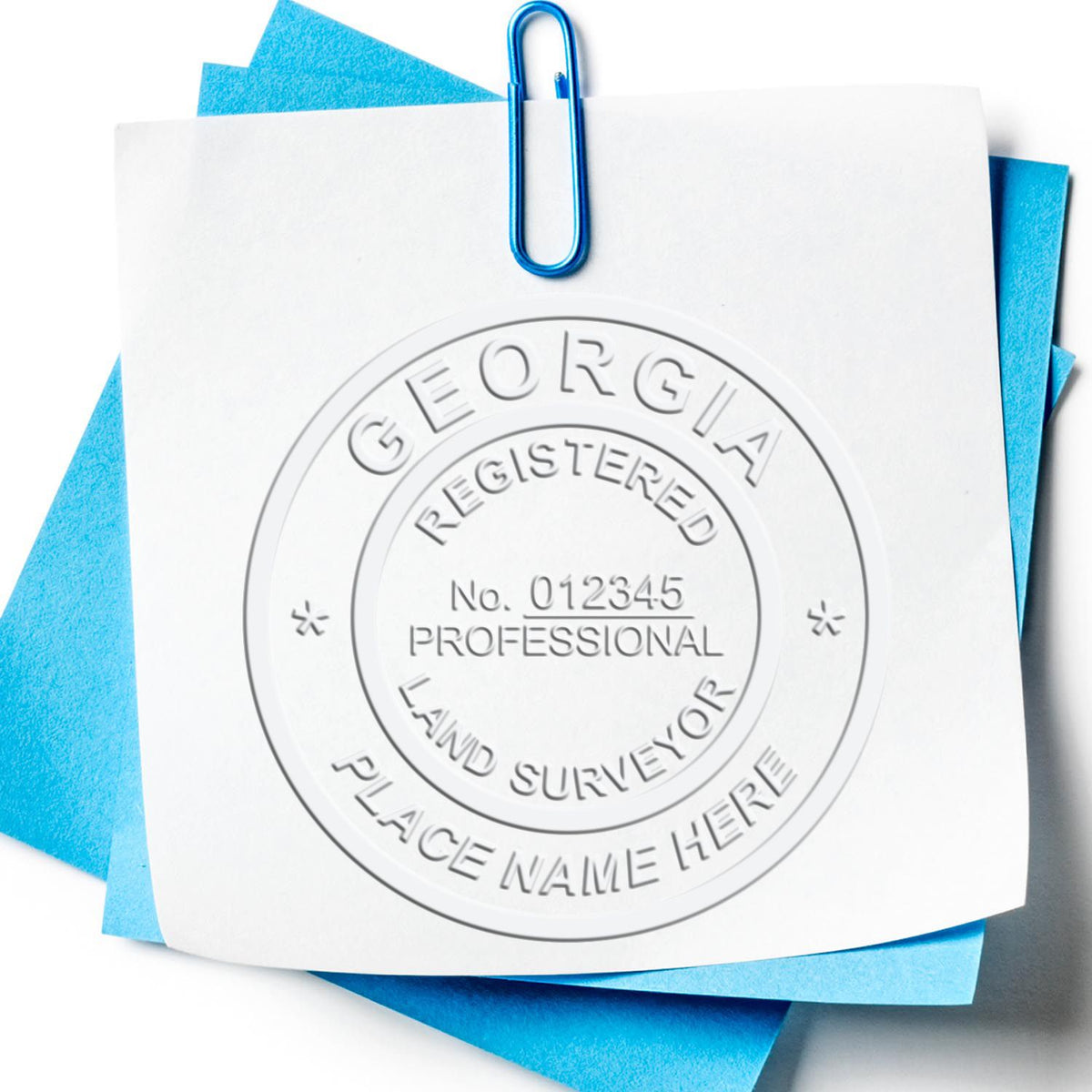 A photograph of the State of Georgia Soft Land Surveyor Embossing Seal stamp impression reveals a vivid, professional image of the on paper.