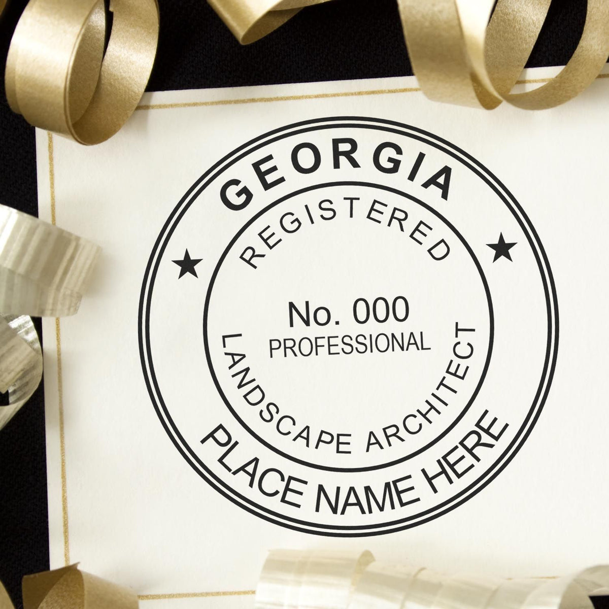 A lifestyle photo showing a stamped image of the Digital Georgia Landscape Architect Stamp on a piece of paper