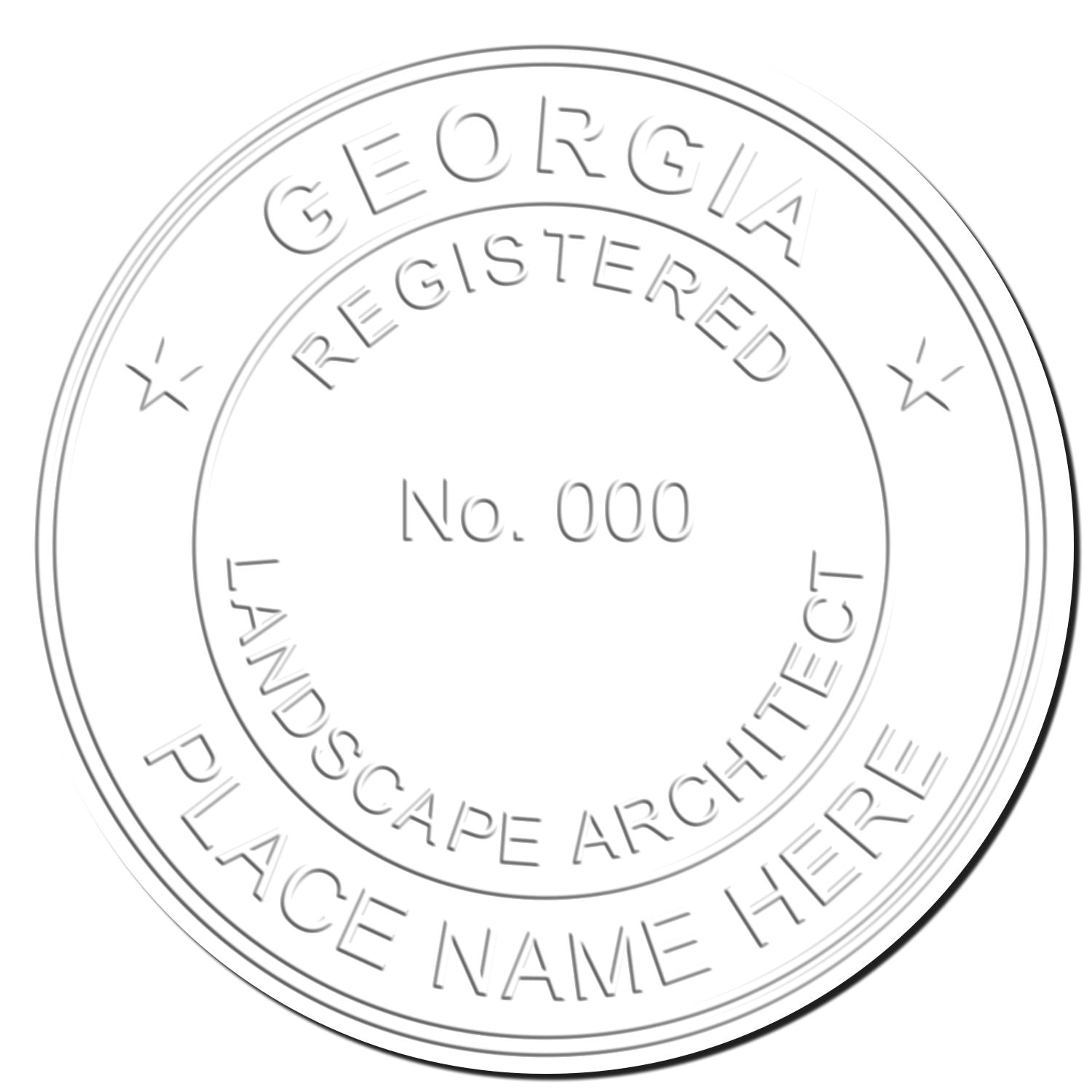 This paper is stamped with a sample imprint of the State of Georgia Extended Long Reach Landscape Architect Seal Embosser, signifying its quality and reliability.