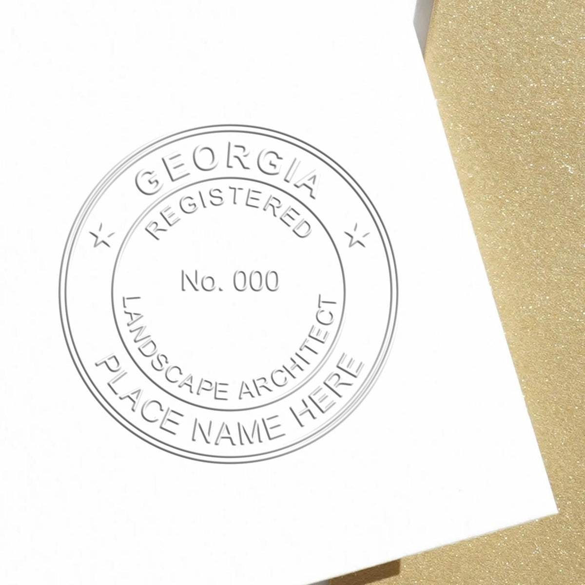 A photograph of the Hybrid Georgia Landscape Architect Seal stamp impression reveals a vivid, professional image of the on paper.