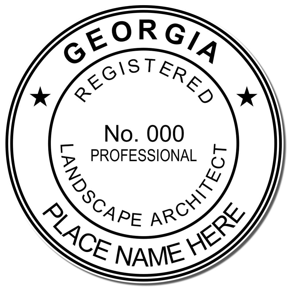 A lifestyle photo showing a stamped image of the Slim Pre-Inked Georgia Landscape Architect Seal Stamp on a piece of paper