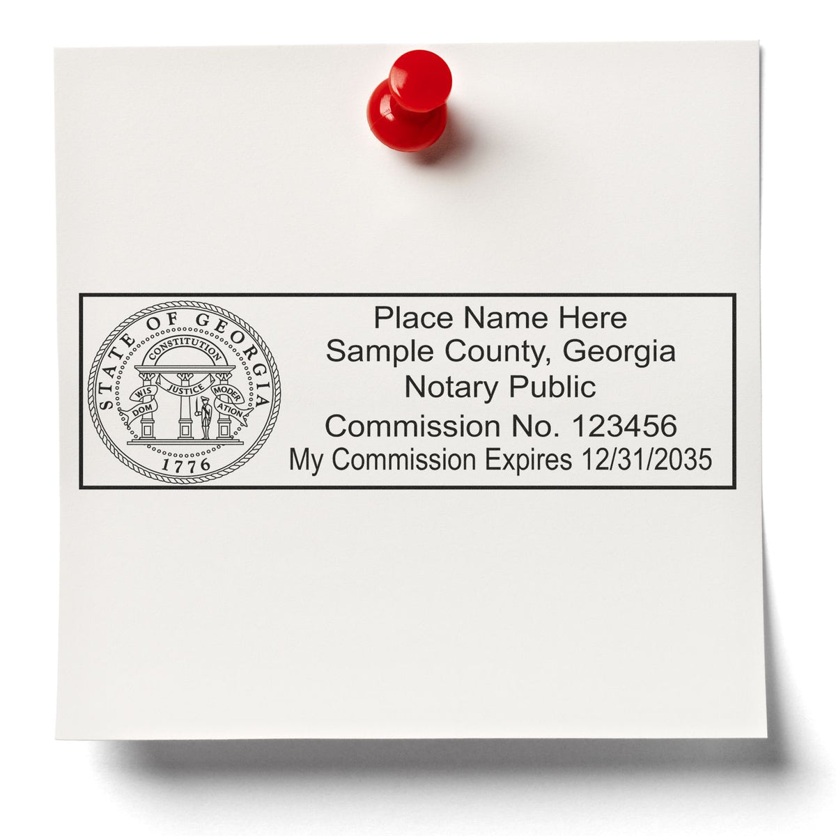 A photograph of the Wooden Handle Georgia Rectangular Notary Public Stamp stamp impression reveals a vivid, professional image of the on paper.
