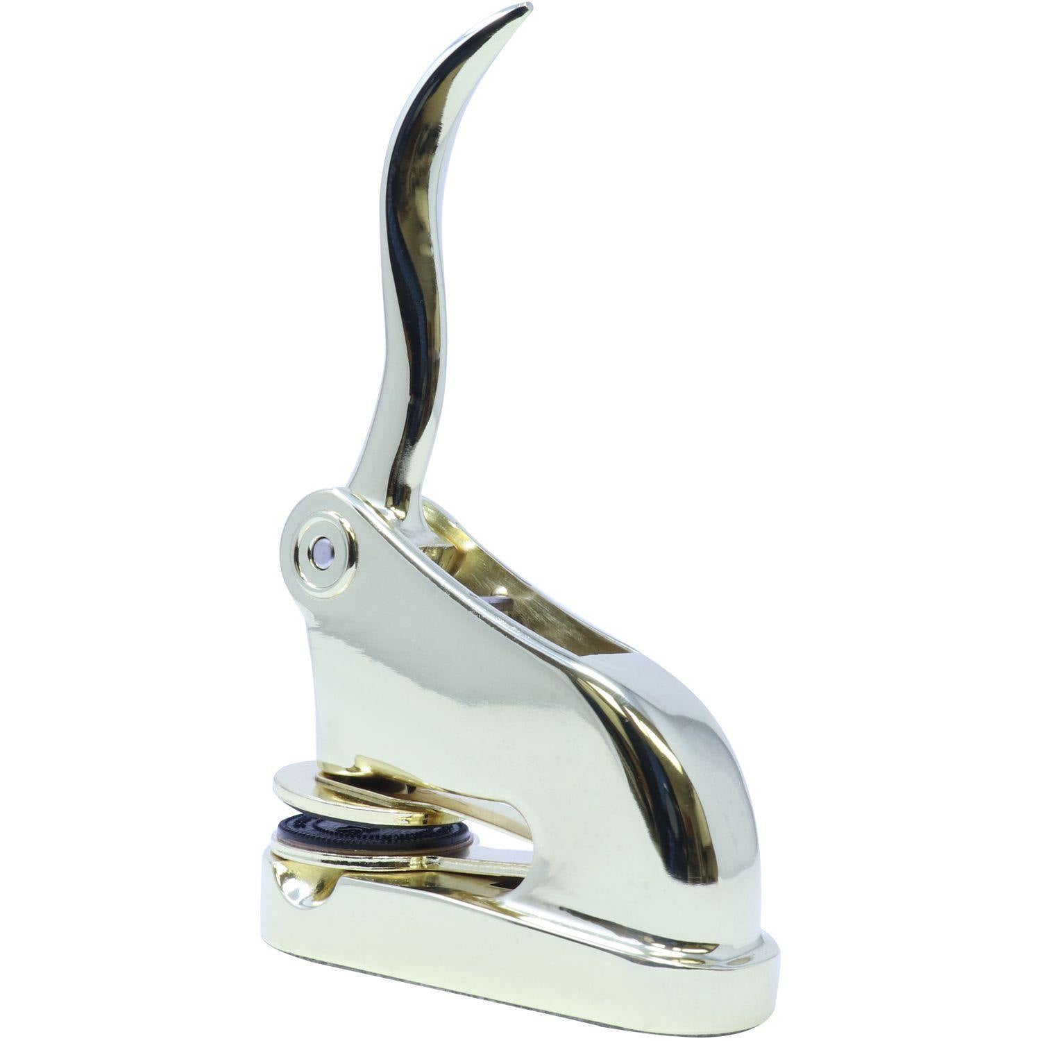 Public Weighmaster Gold Gift Seal Embosser, angled back view, showing the sleek, shiny gold design with a raised lever and circular imprint area.